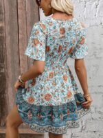 Rochie Scurta Krass Bleu cu Print Floral Crem - imagine 2