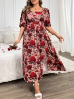 Rochie Lunga Louella Roz Pudra Cu Model Cu Trandafiri Rosii - imagine 3