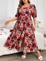 Rochie Lunga Louella Roz Pudra Cu Model Cu Trandafiri Rosii - imagine 4