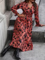 Rochie Lunga Ninon Caramizie Cu Model Floral Negru - imagine 5