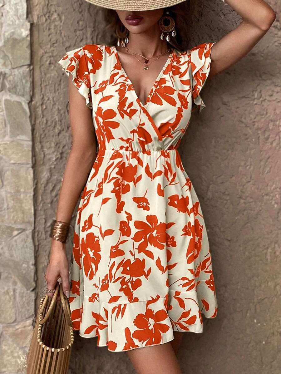 15 Rochie Scurta Roksana Alba cu Print Floral Portocaliu - imagine 1