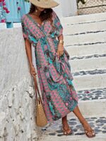 Rochie Lunga Aurelia Roz Cu Model Floral Multicolor
