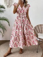 Rochie Lunga Toste Alba cu Print Floral Roz