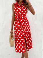 Rochie Midi Meda Rosie Cu Buline Albe Si Cordon