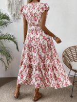 Rochie Lunga Toste Alba cu Print Floral Roz - imagine 2
