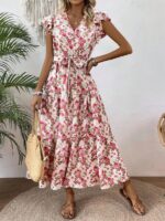Rochie Lunga Toste Alba cu Print Floral Roz - imagine 3