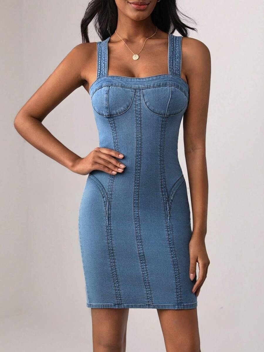 18lkh Rochie Scurta Alene Din Denim Cu Bretele - imagine 1