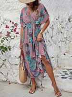 Rochie Lunga Aurelia Roz Cu Model Floral Multicolor - imagine 3