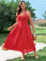 Rochie Lunga Ravna Rosie Cu Buline Albe - Marimi Mari - imagine 3