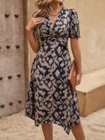 Rochie Midi Luzie Neagra cu Print Leopard Bej