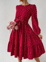Rochie Midi Mizar Rosie cu Inimioare Albe