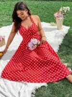 Rochie Lunga Ravna Rosie Cu Buline Albe - Marimi Mari - imagine 5