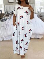 Rochie Lunga Augusta Alba Cu Model Cu Fluturi Colorati - Marimi Mari - imagine 3