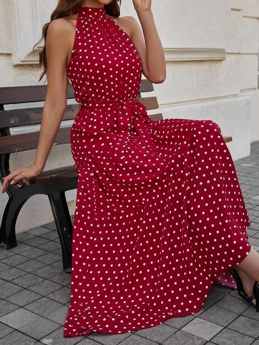 23kju Rochie Lunga Jesenia Rosie Cu Buline Albe - imagine 1