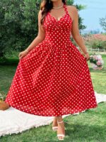Rochie Lunga Ravna Rosie Cu Buline Albe - Marimi Mari