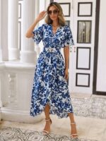 Rochie Lunga Ines Alba cu Print Floral Albastru - imagine 3