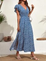 Rochie Lunga Michela Bleu Cu Model Floral Alb