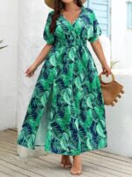 Rochie Lunga Merja Albastra Cu Model Cu Frunze Tropicale - Marimi Mari
