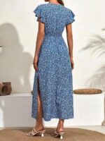 Rochie Lunga Michela Bleu Cu Model Floral Alb - imagine 2
