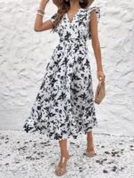 Rochie Lunga Gillian Alba Cu Model Floral Negru