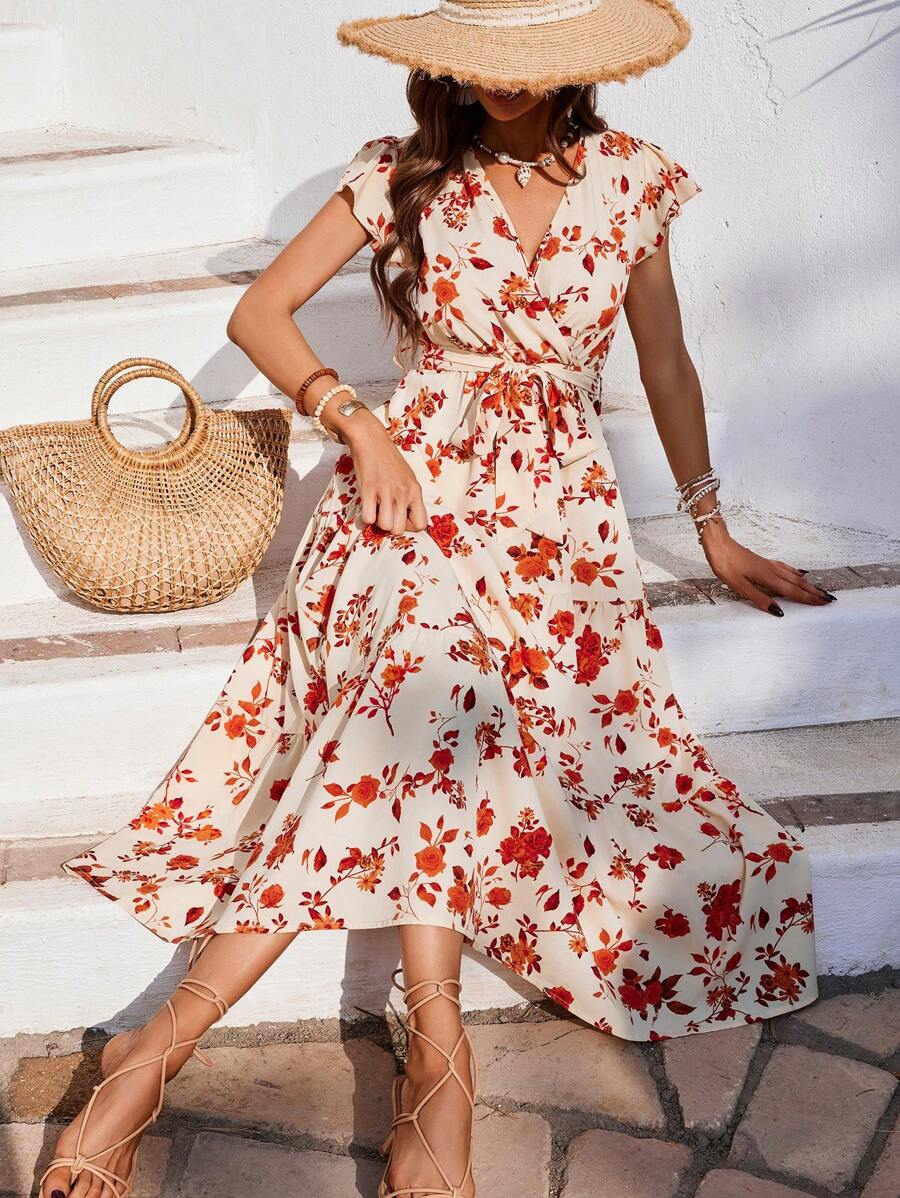 35 Rochie Lunga Delfina Crem Deschis Cu Model Floral Rosu - imagine 1