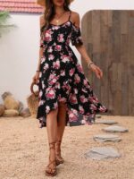 Rochie Midi Perlina Neagra Cu Model Floral Roz