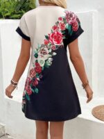 Rochie Scurta Cream Neagra Cu Imprimeu Alb Si Model Floral - imagine 2
