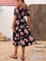 Rochie Midi Perlina Neagra Cu Model Floral Roz - imagine 2