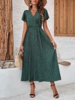Rochie Lunga Adelisa Vernil Cu Imprimeu Negru Si Pliuri - imagine 3