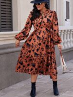 Rochie Lunga Petra Caramizie Cu Model Floral Negru - Marimi Mari