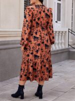 Rochie Lunga Petra Caramizie Cu Model Floral Negru - Marimi Mari - imagine 2