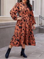 Rochie Lunga Petra Caramizie Cu Model Floral Negru - Marimi Mari - imagine 3