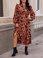 Rochie Lunga Petra Caramizie Cu Model Floral Negru - Marimi Mari - imagine 4