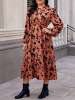 Rochie Lunga Petra Caramizie Cu Model Floral Negru - Marimi Mari - imagine 5