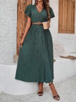 Rochie Lunga Adelisa Vernil Cu Imprimeu Negru Si Pliuri