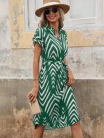 Rochie Midi Sarina Verde Cu Imprimeu Geometric Alb