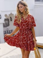 Rochie Scurta Adolfe Rosie Cu Model Floral Alb