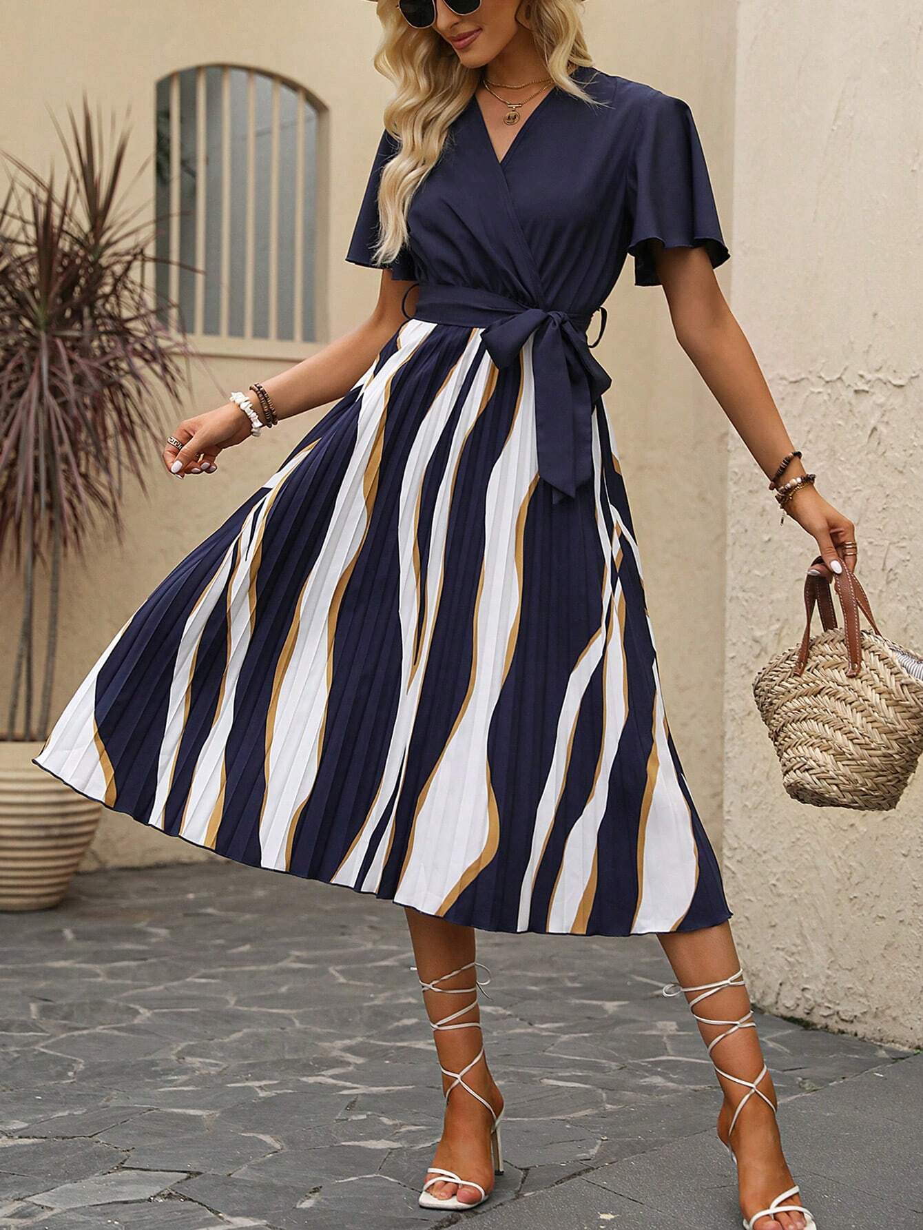 5 Rochie Midi Taron Bleumarin Cu Pliuri Si Cordon - imagine 1