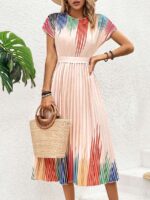 Rochie Midi Natini Roz Pudra Cu Imprimeu Multicolor