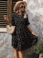 Rochie Scurta Lidia Neagra Cu Model Floral Multicolor - imagine 3