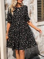Rochie Scurta Lidia Neagra Cu Model Floral Multicolor - imagine 4