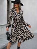 Rochie Midi Dioda Gri Cu Imprimeu Negru Si Cordon