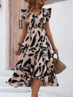 Rochie Midi Byoreh Crem Cu Model Cu Frunze Negre - imagine 3