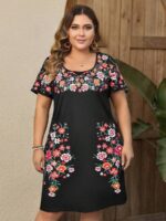 Rochie Scurta Zargona Neagra Cu Model Floral Multicolor - Marimi Mari - imagine 3