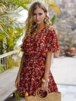 Rochie Scurta Adolfe Rosie Cu Model Floral Alb - imagine 4