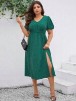 Rochie Midi Estelle Verde Cu Imprimeu Negru - Marimi Mari - imagine 3