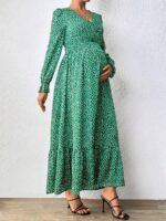 Rochie De Maternitate Lunga Rosalie Verde Cu Imprimeu Alb