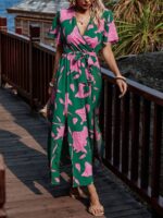 Rochie Lunga Mariza Verde Cu Model Floral Roz - imagine 3