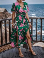 Rochie Lunga Mariza Verde Cu Model Floral Roz