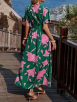 Rochie Lunga Mariza Verde Cu Model Floral Roz - imagine 2